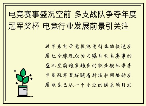 电竞赛事盛况空前 多支战队争夺年度冠军奖杯 电竞行业发展前景引关注 电竞赛事盛况空前 多支战队争夺年度冠军奖杯 电竞行业发展前景引关注